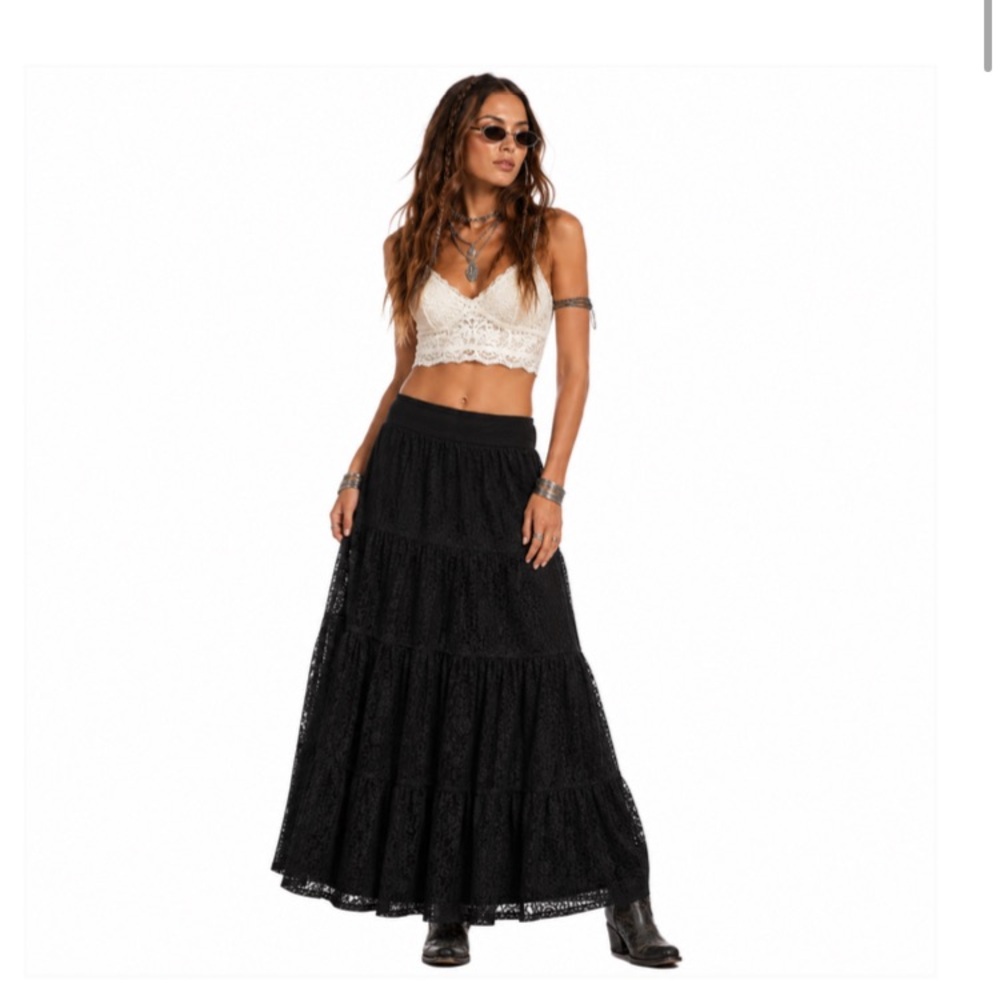 NWT Vintage Max Studio Black Lace Tiered Peasant Maxi Skirt Boho Festival Sz M